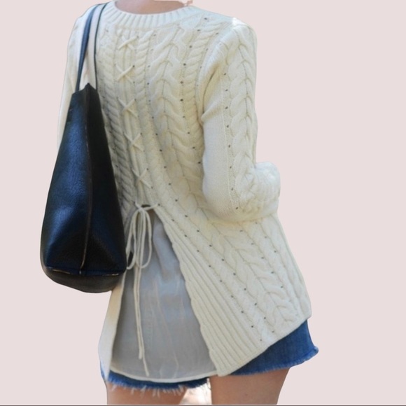 CAbi Ivory Cable Knit Lace Back Sweater Style 3157 - Picture 1 of 8